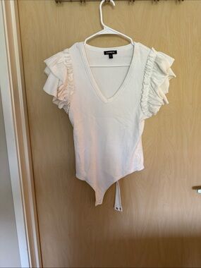 Express White V-Neck Ruffle Sleeve Bodysuit